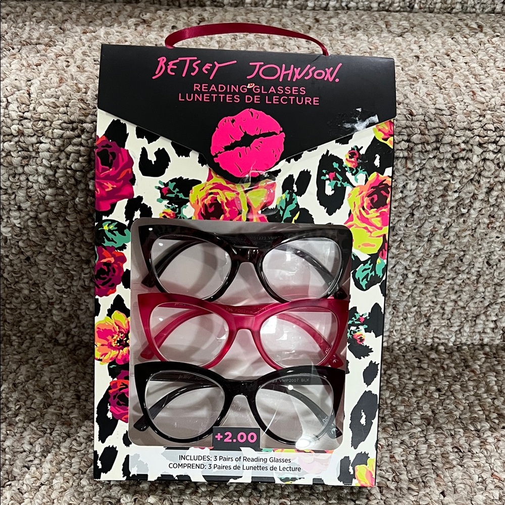 Betsey Johnson 3-Pack Cat-Eye Reading Glasses in Black & Hot Pink +2.00